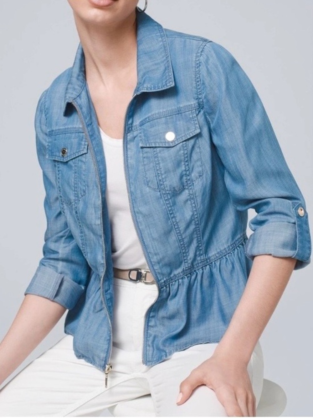 WHBM Outlet Denim Peplum Trucker Jacket Sz XS